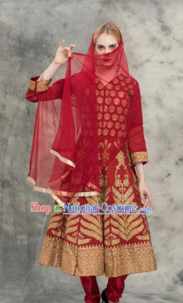 South Asian India Traditional Purplish Red Costumes Asia Indian National Punjabi Dress and Pants for Women