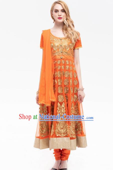 South Asian India Traditional Yoga Costumes Asia Indian National Punjabi Orange Dress and Pants for Women