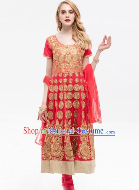 South Asian India Traditional Yoga Costumes Asia Indian National Punjabi Red Dress and Pants for Women