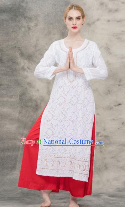 South Asian India Traditional Yoga White Lace Dress Asia Indian National Punjabi Suit Costume for Women