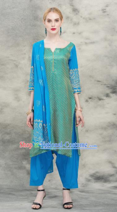 South Asian India Traditional Yoga Dress Asia Indian National Blue Punjabi Suit Costume for Women