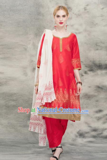 South Asian India Traditional Yoga Dress Asia Indian National Red Punjabi Suit Costume for Women