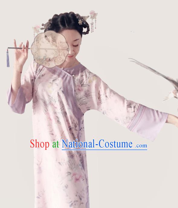 Traditional Chinese Printing Light Pink Cheongsam Tang Suit Qipao Dress National Costume for Women