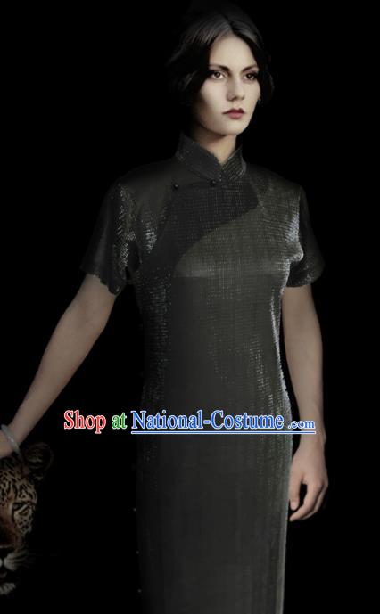 Traditional Chinese Black Cheongsam Tang Suit Qipao Dress National Costume for Women