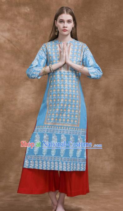 South Asian India Traditional Costume Blue Dress Asia Indian National Punjabi Suit for Women