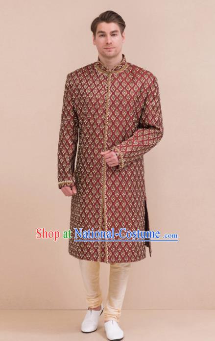 South Asian India Traditional Costume Wine Red Robe and Pants Asia Indian National Suit for Men