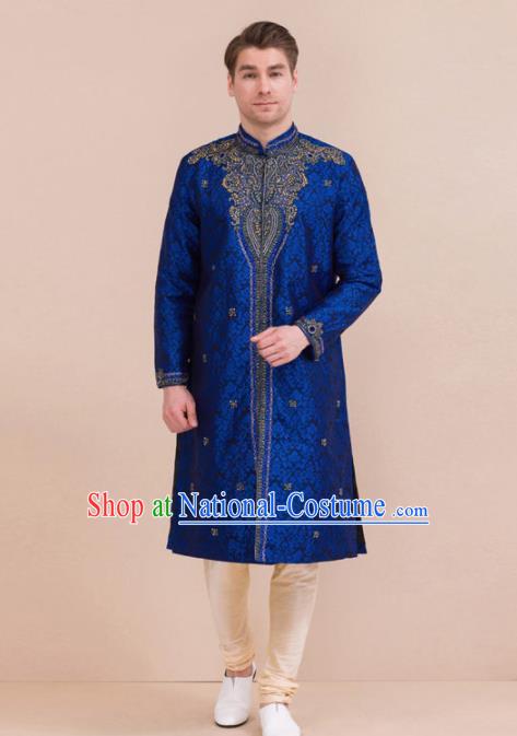 South Asian India Traditional Costume Royalblue Robe and Pants Asia Indian National Suit for Men