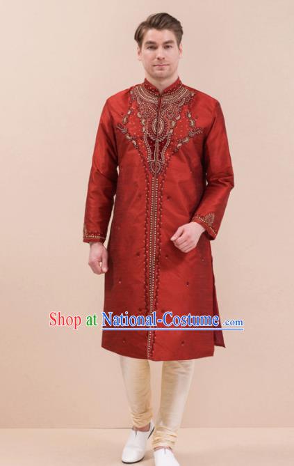 South Asian India Traditional Costume Red Robe and Pants Asia Indian National Suit for Men