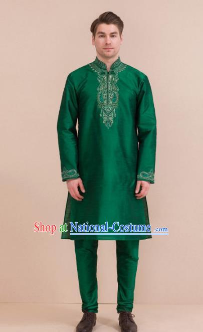 South Asian India Traditional Costume Green Coat and Pants Asia Indian National Suit for Men