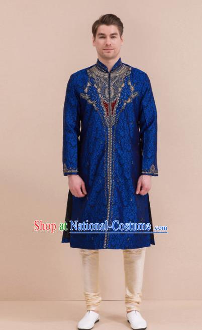 South Asian India Traditional Costume Royalblue Coat and Pants Asia Indian National Suit for Men