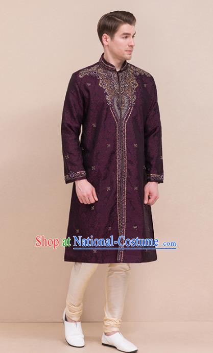 South Asian India Traditional Costume Purple Coat and Pants Asia Indian National Suit for Men