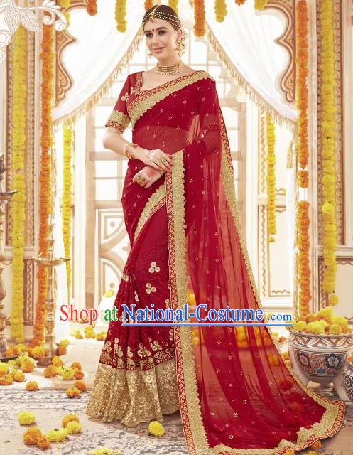 Asian India Traditional Wedding Sari Dress Indian Bollywood Court Bride Wine Red Costume for Women