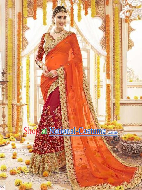 Asian India Traditional Wedding Sari Dress Indian Bollywood Court Bride Orange Costume for Women