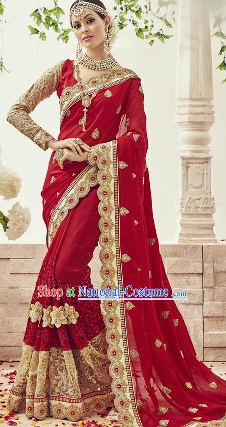 Asian India Traditional Wedding Wine Red Sari Dress Indian Bollywood Court Bride Costume for Women