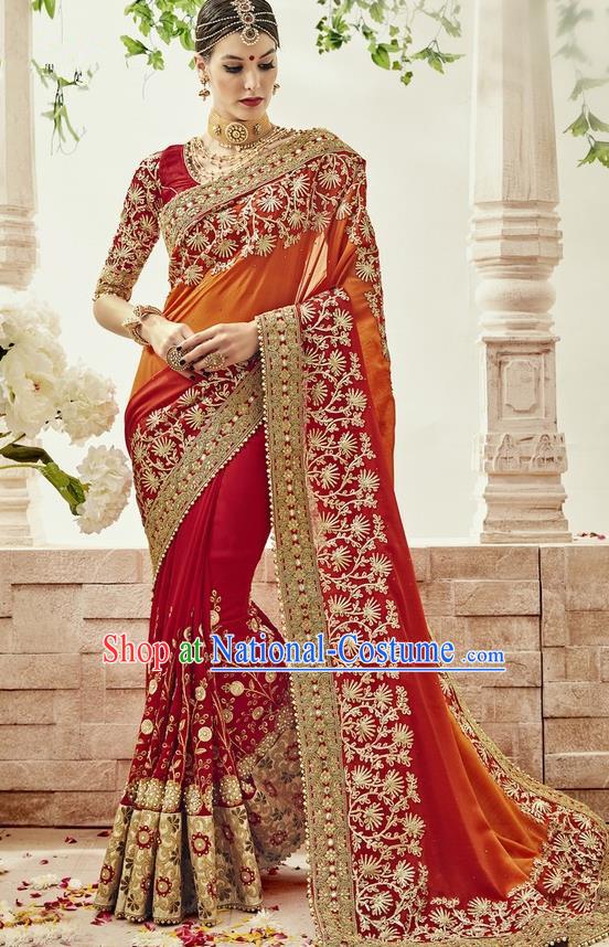 Asian India Traditional Wedding Embroidered Sari Dress Indian Bollywood Court Bride Costume for Women