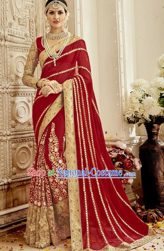 Asian India Traditional Wedding Embroidered Wine Red Sari Dress Indian Bollywood Court Bride Costume for Women