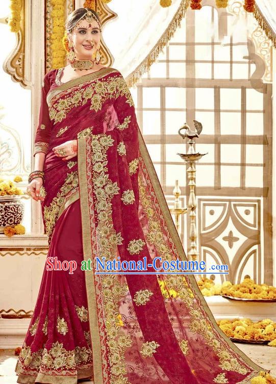 Asian India Traditional Court Wedding Wine Red Sari Dress Indian Bollywood Bride Costume for Women