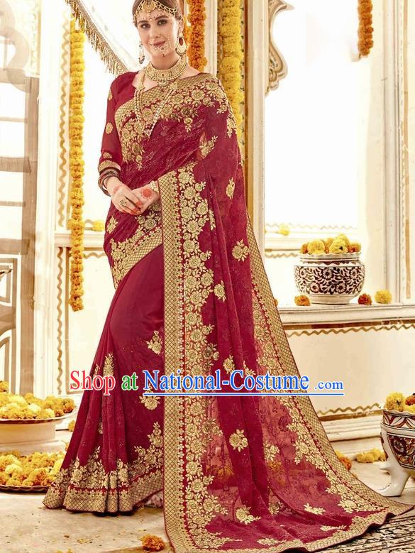 Asian India Traditional Court Wedding Amaranth Sari Dress Indian Bollywood Bride Costume for Women