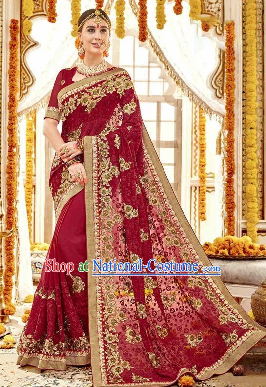 Asian India Traditional Court Wedding Sari Dress Indian Bollywood Bride Wine Red Costume for Women