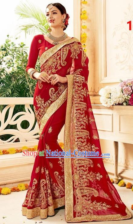 Asian India Traditional Red Sari Dress Indian Bollywood Court Queen Nobility Bride Costume for Women