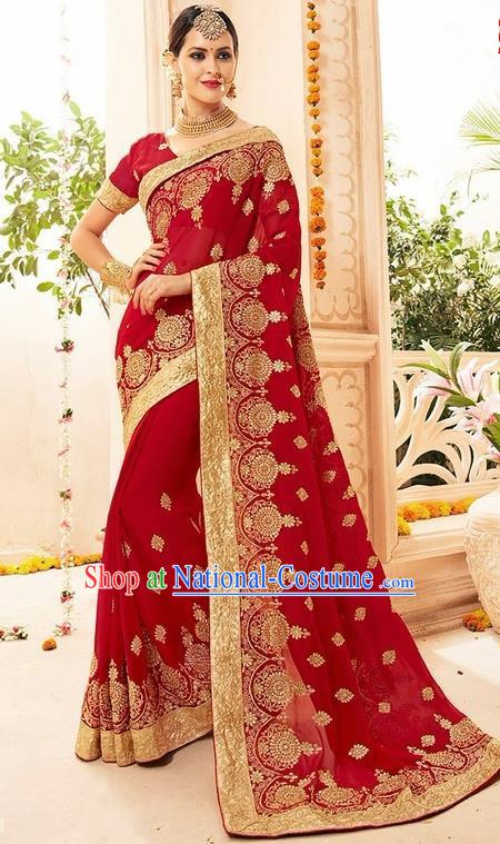 Asian India Traditional Wine Red Sari Dress Indian Bollywood Court Queen Nobility Bride Costume for Women