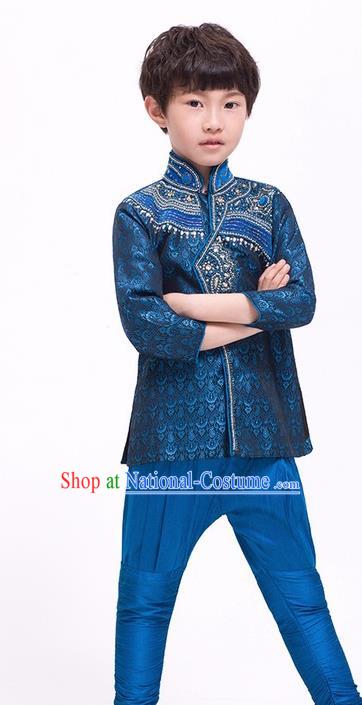 South Asian India Traditional Costume Navy Shirt and Pants Asia Indian National Suit for Kids