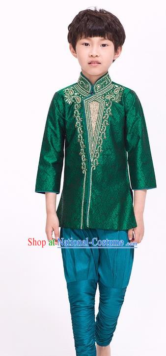 South Asian India Traditional Costume Green Shirt and Pants Asia Indian National Suit for Kids