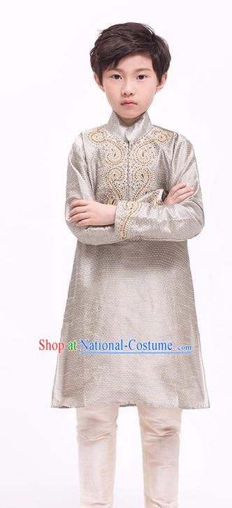 South Asian India Traditional Costume Khaki Shirt and Pants Asia Indian National Suit for Kids