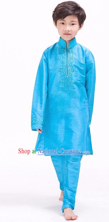 South Asian India Traditional Costume Blue Shirt and Pants Asia Indian National Suit for Kids