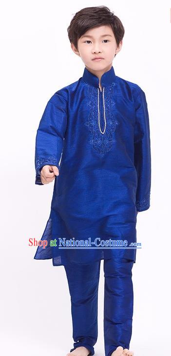 South Asian India Traditional Costume Royalblue Shirt and Pants Asia Indian National Suit for Kids