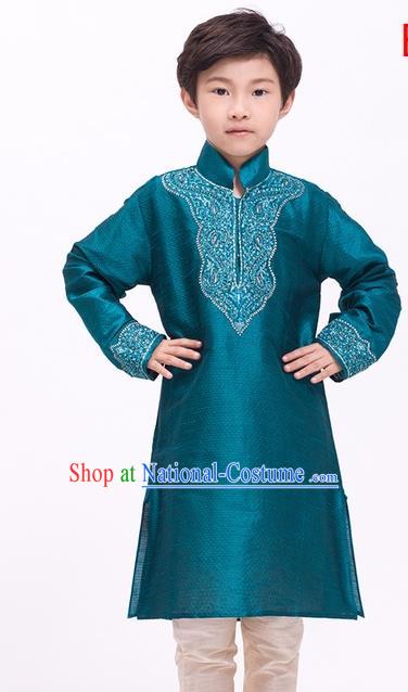 South Asian India Traditional Costume Peacock Green Shirt and Pants Asia Indian National Suit for Kids