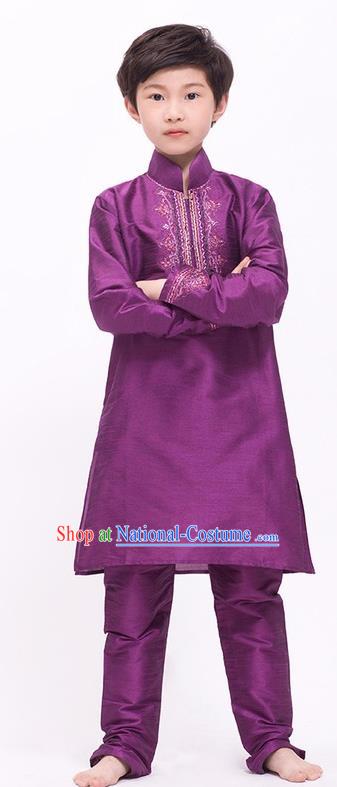 South Asian India Traditional Costume Purple Shirt and Pants Asia Indian National Suit for Kids