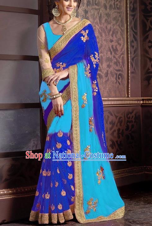 Indian Traditional Blue Sari Dress Asian India Court Princess Bollywood Embroidered Costume for Women