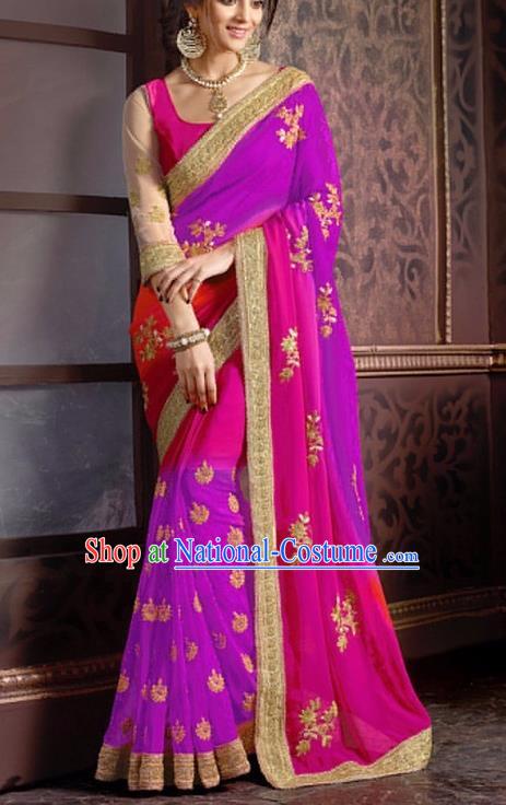 Indian Traditional Rosy Sari Dress Asian India Court Princess Bollywood Embroidered Costume for Women