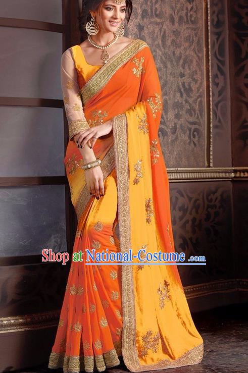 Indian Traditional Orange Sari Dress Asian India Court Princess Bollywood Embroidered Costume for Women