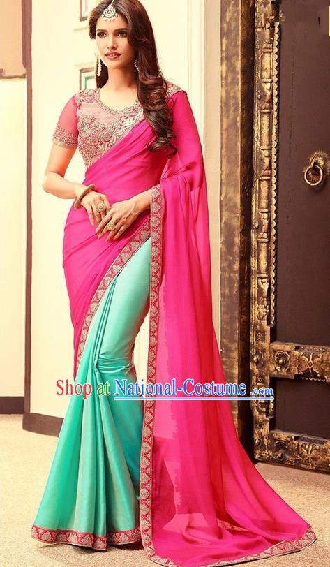 Indian Traditional Court Rosy Veil Sari Dress Asian India Princess Bollywood Embroidered Costume for Women