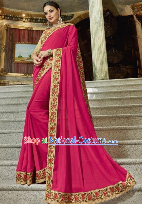 Indian Traditional Court Queen Rosy Sari Dress Asian India Bollywood Embroidered Costume for Women