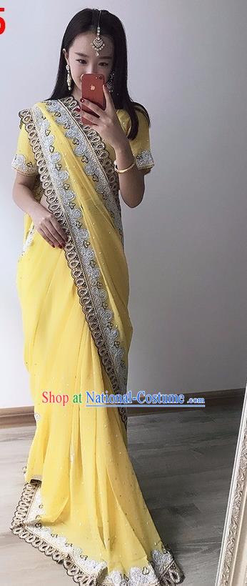 Indian Traditional Court Princess Yellow Sari Dress Asian India Bollywood Embroidered Costume for Women