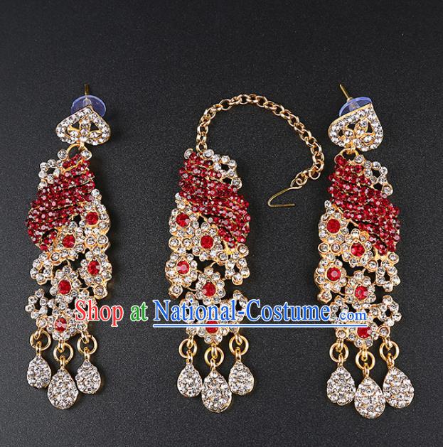 Asian India Traditional Wedding Jewelry Accessories Indian Bollywood Red Crystal Earrings and Eyebrows Pendant for Women