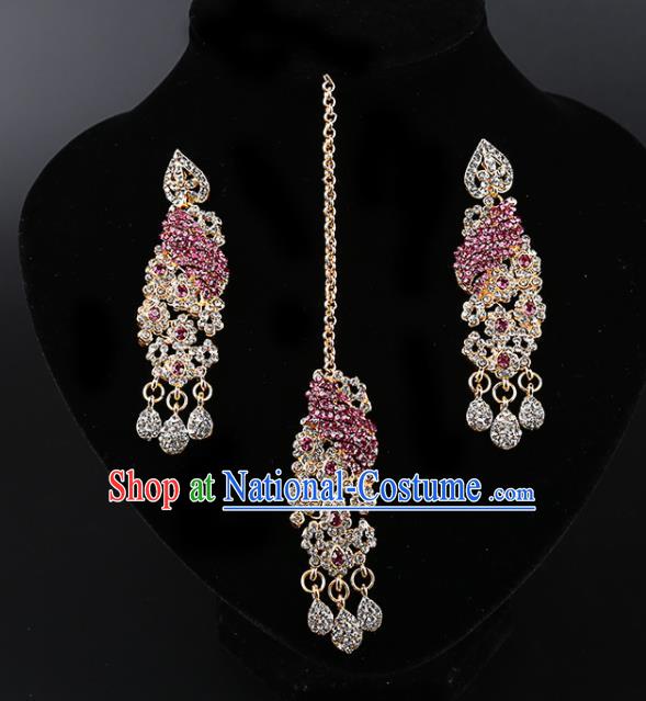 Asian India Traditional Wedding Jewelry Accessories Indian Bollywood Purple Crystal Earrings and Eyebrows Pendant for Women