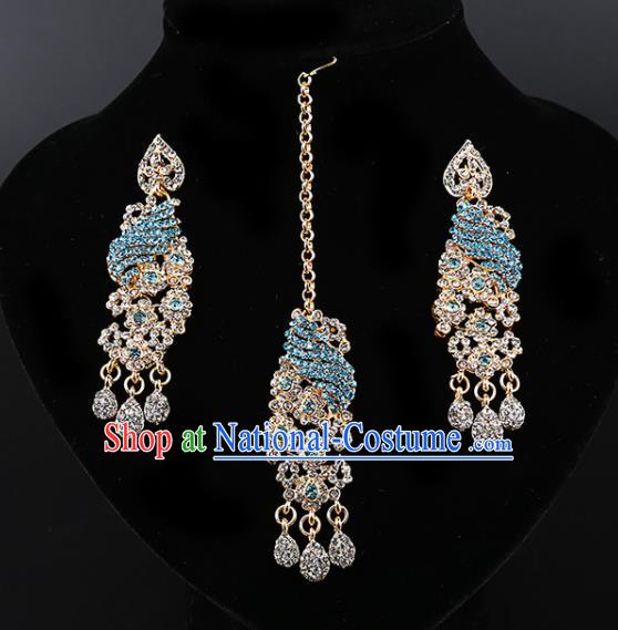 Asian India Traditional Wedding Jewelry Accessories Indian Bollywood Blue Crystal Earrings and Eyebrows Pendant for Women