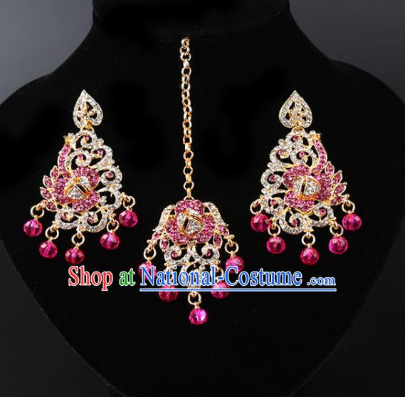 Asian India Traditional Wedding Jewelry Accessories Indian Bollywood Rosy Crystal Tassel Earrings and Eyebrows Pendant for Women