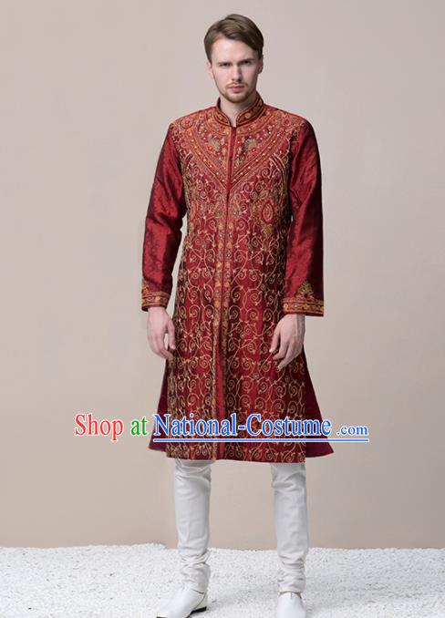 South Asian India Traditional Wedding Costume Asia Indian National Bridegroom Purplish Red Suits for Men