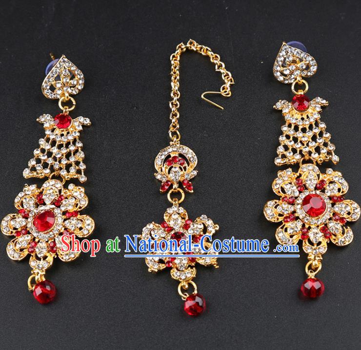 India Traditional Wedding Jewelry Accessories Indian Bollywood Red Crystal Tassel Earrings and Eyebrows Pendant for Women