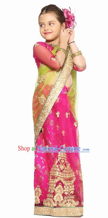 South Asian India Traditional Costume Asia Indian National Rosy Sari Dress for Kids