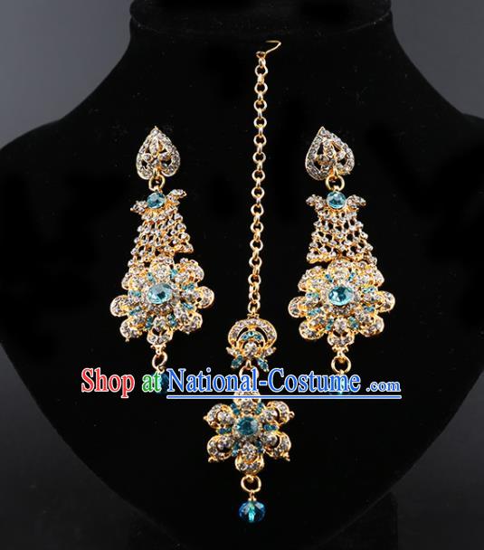 India Traditional Wedding Jewelry Accessories Indian Bollywood Blue Crystal Tassel Earrings and Eyebrows Pendant for Women