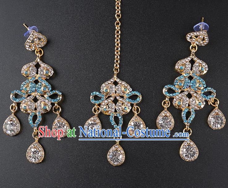 India Traditional Jewelry Accessories Indian Bollywood Princess Blue Crystal Tassel Earrings and Eyebrows Pendant for Women