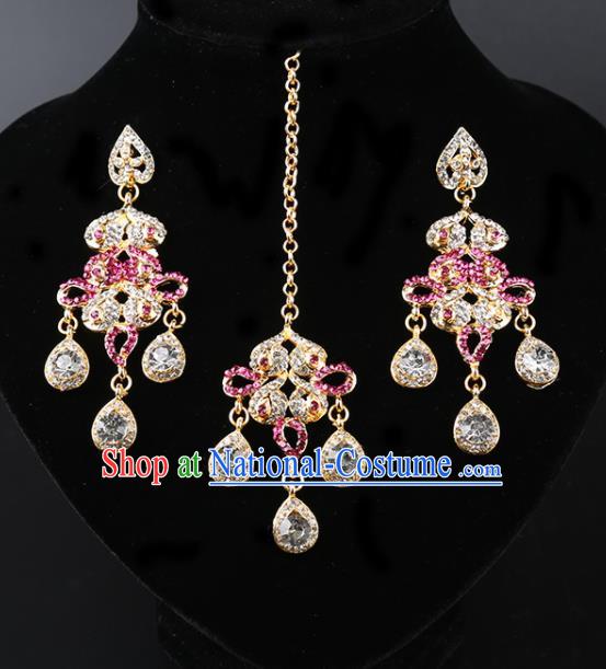 India Traditional Jewelry Accessories Indian Bollywood Princess Pink Crystal Tassel Earrings and Eyebrows Pendant for Women