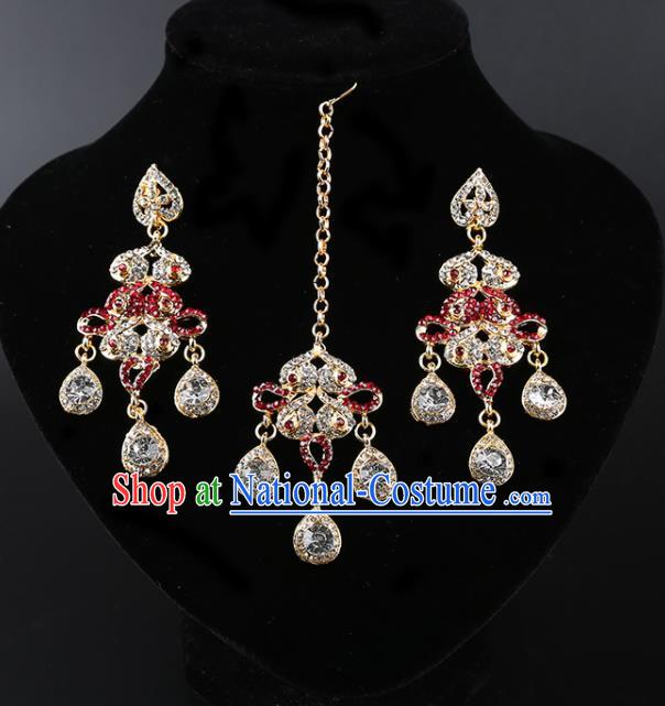 India Traditional Jewelry Accessories Indian Bollywood Princess Red Crystal Tassel Earrings and Eyebrows Pendant for Women