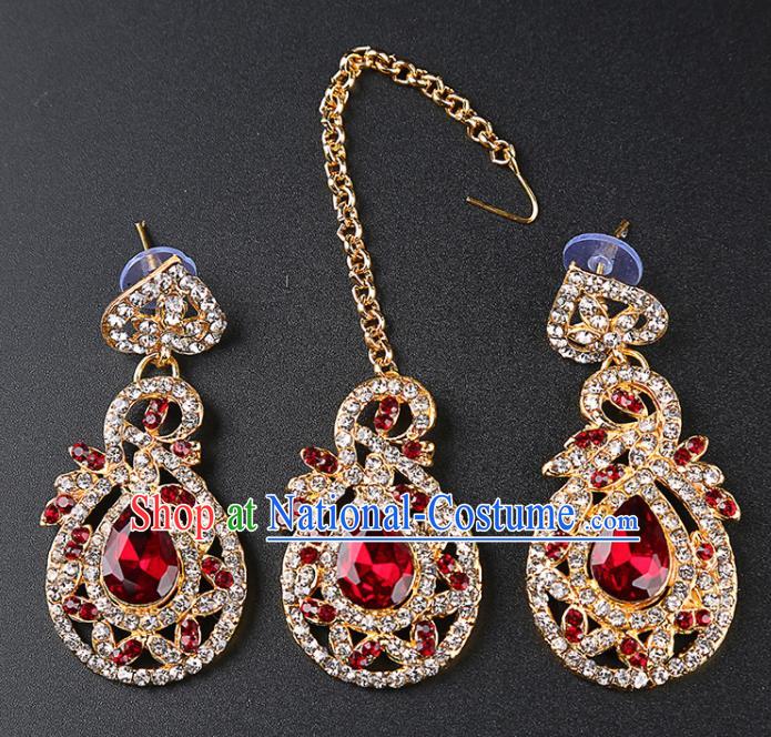 Indian Bollywood Princess Red Crystal Earrings and Eyebrows Pendant India Traditional Jewelry Accessories for Women